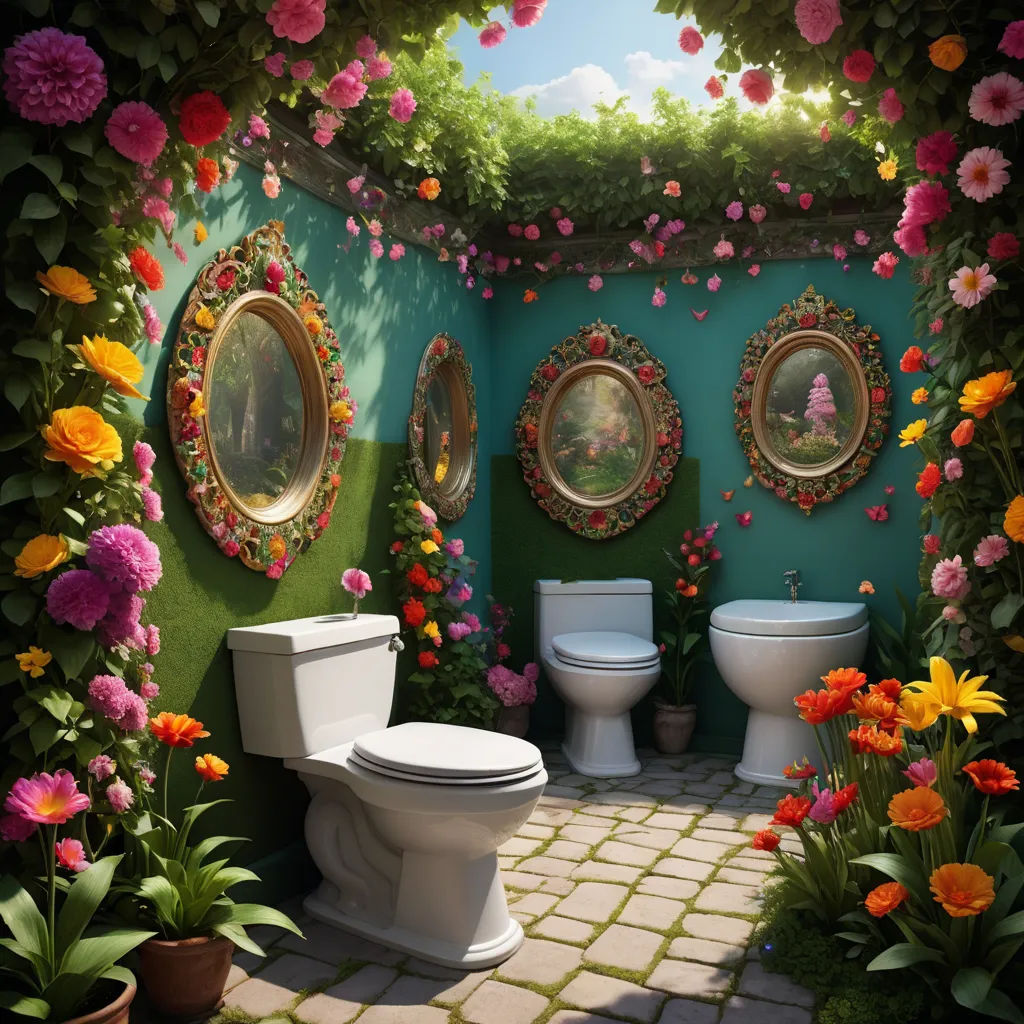 a bathroom with a toilet and a sink in it with flowers on the walls and a green wall with three mirrors, magical realism, a detailed matte painting, Chris LaBrooy, unreal engine highly rendered