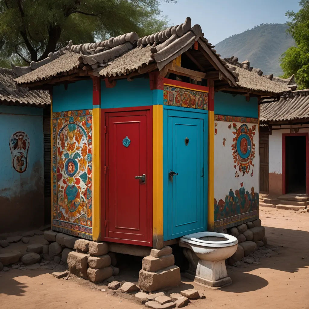 a toilet sits outside of a colorfully painted outhouse with a toilet bowl in front of it and a tree, folk art, an ultrafine detailed painting, An Zhengwen, award - winning photography