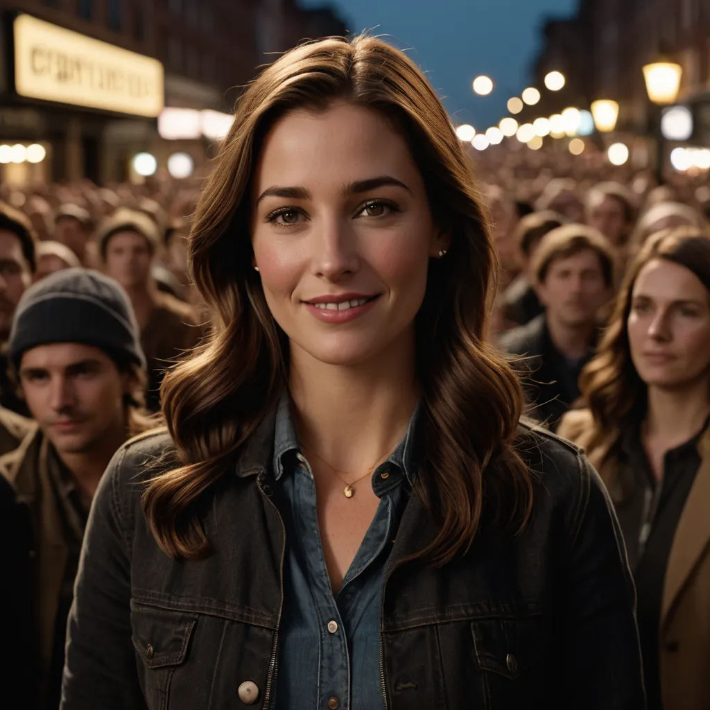 a woman standing in front of a crowd of people in a city at night with a smile on her face, symbolism, a photorealistic painting, Eva Gonzalès, promotional image