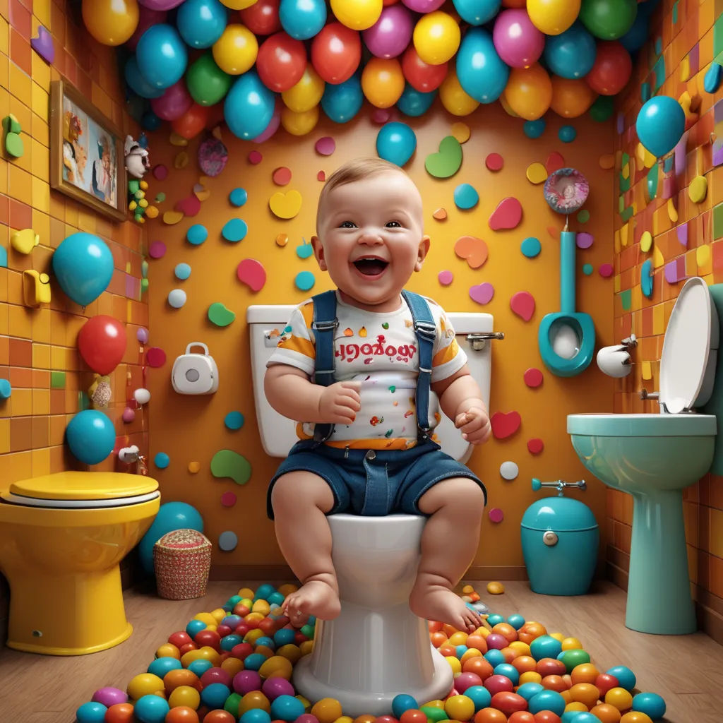 a baby sitting on a toilet surrounded by balloons and balls in a bathroom with a yellow wall and a toilet, photorealism, a flemish Baroque, Chris LaBrooy, behance hd