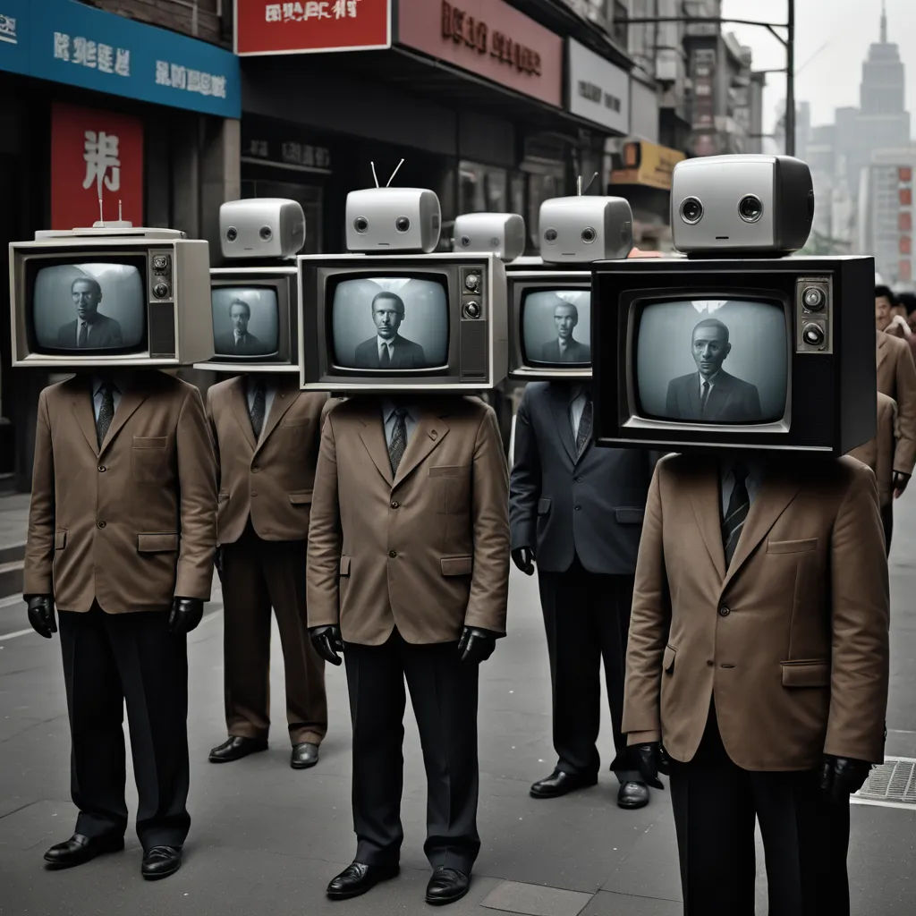 a group of men in suits and ties standing in the street with tv heads on their heads and televisions on their heads, les automatistes, cyberpunk art, Dan Hillier, dystopian art