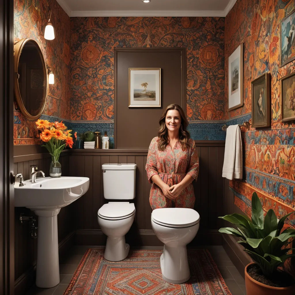 a woman standing in a bathroom next to a toilet and sink with a flower pot on the floor next to it, arts and crafts movement, a storybook illustration, Annabel Kidston, promotional image