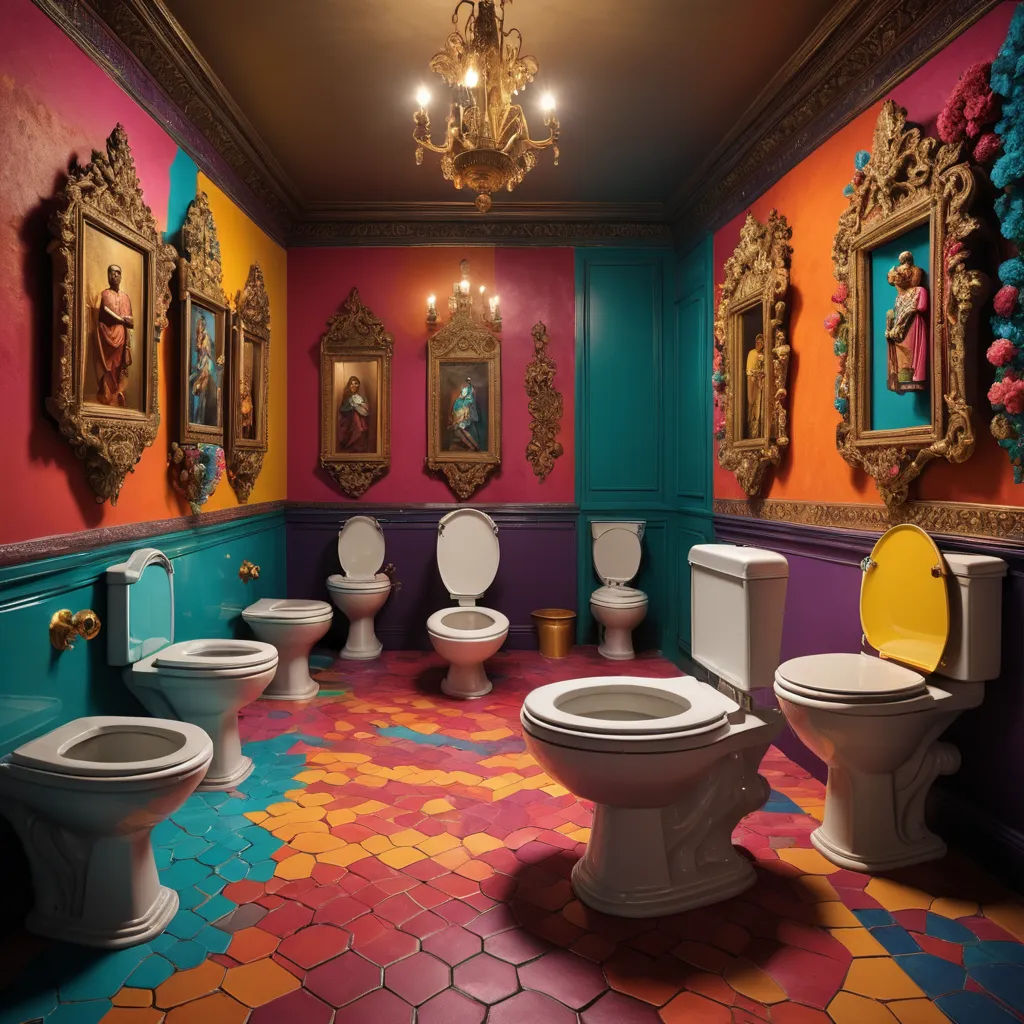 a bathroom with a lot of toilets and a chandelier above it and a chandelier hanging from the ceiling, maximalism, concept art, David LaChapelle, unreal engine 5 highly rendered