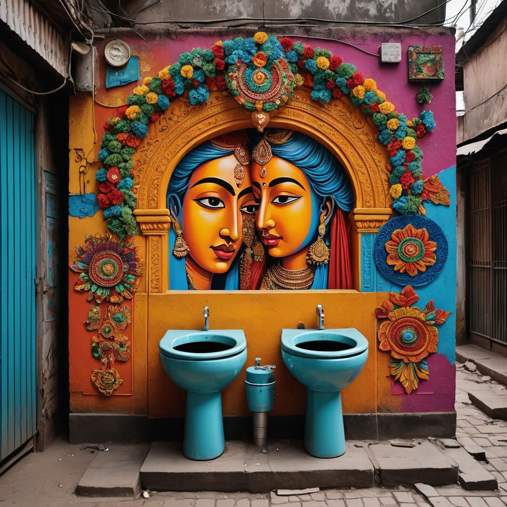 a bathroom with two toilets and a mural on the wall of it's stall area, with a blue toilet and a blue sink, bengal school of art, graffiti art, Art & Language, award - winning photography