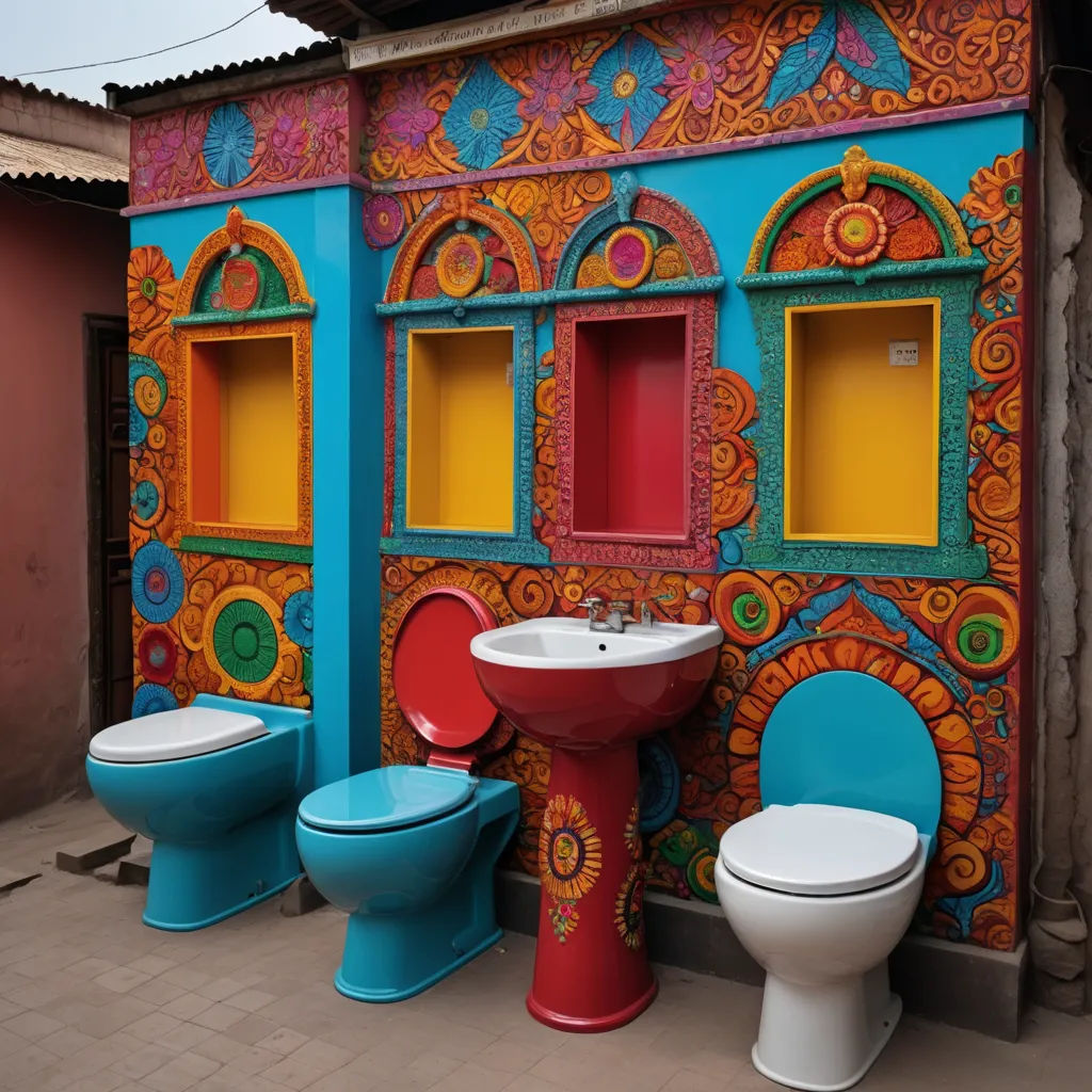 a bathroom with a toilet and a sink in it with a colorful wall behind it and a toilet and sink in front of it, bengal school of art, graffiti art, Chafik Charobim, vibrant colours