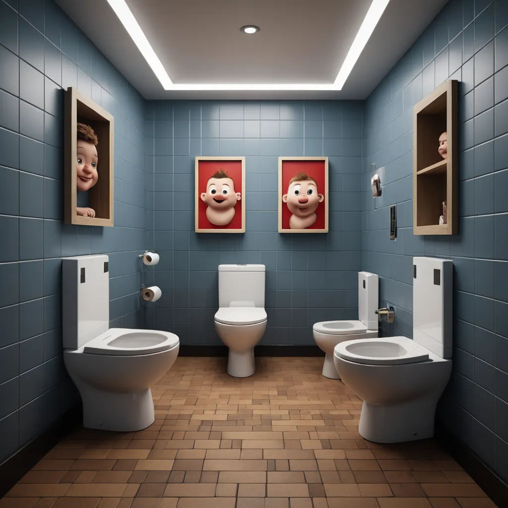 a bathroom with two toilets and two pictures on the wall above them and a toilet and sink below them, photorealism, a 3D render, Chris LaBrooy, unreal engine 5 highly rendered