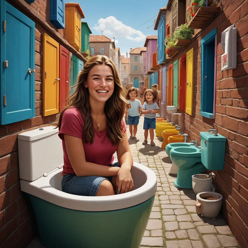 a woman sitting in a bathtub in a narrow alleyway with children playing in the background and a toilet in the foreground, fantastic realism, a storybook illustration, Chris LaBrooy, promotional image