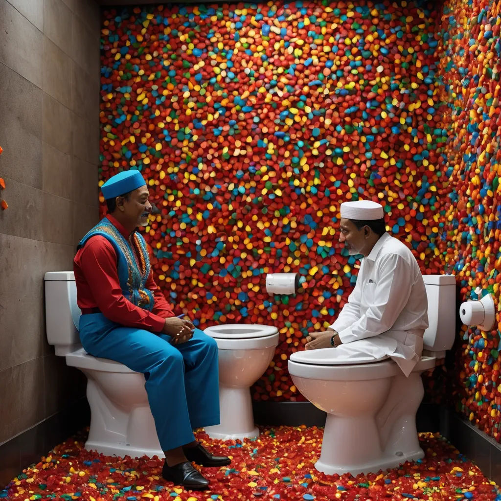 a man sitting on a toilet next to a man in a colorful bathroom with a giant amount of candy corn, gutai group, a storybook illustration, Chris LaBrooy, promotional image