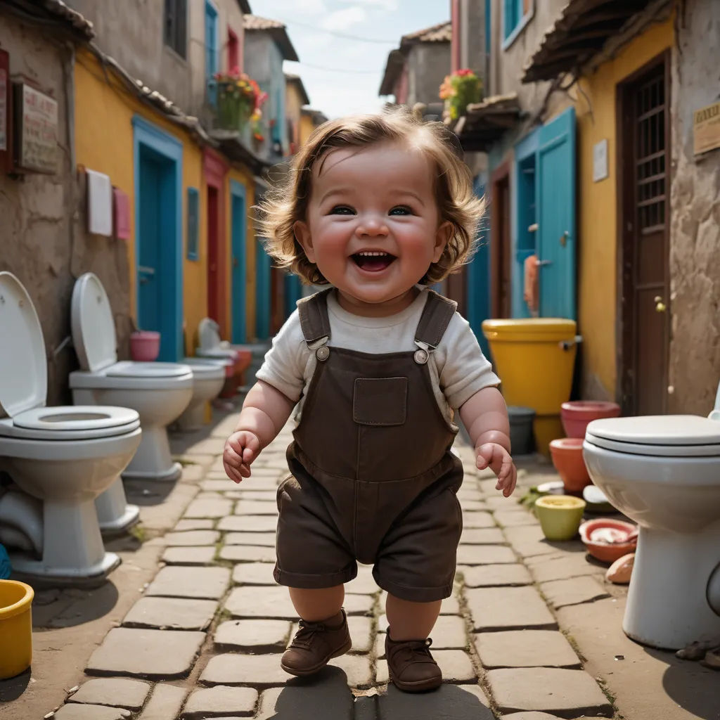 a baby is standing in a narrow alley way with toilets in the background and a toddler is smiling, art photography, a stock photo, Daniel Lieske, award - winning photography