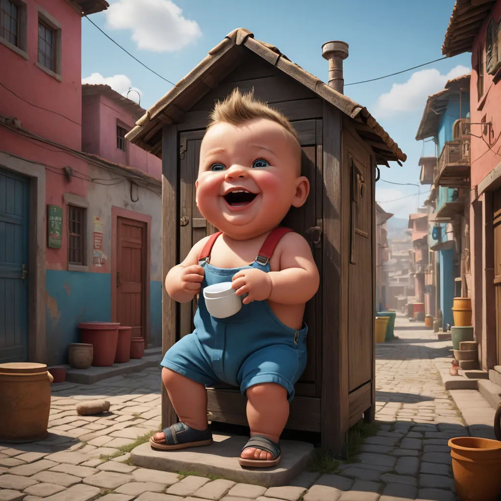 a baby doll is sitting on a small wooden structure in a street with a pink building in the background, photorealism, a screenshot, Chris LaBrooy, cgstudio