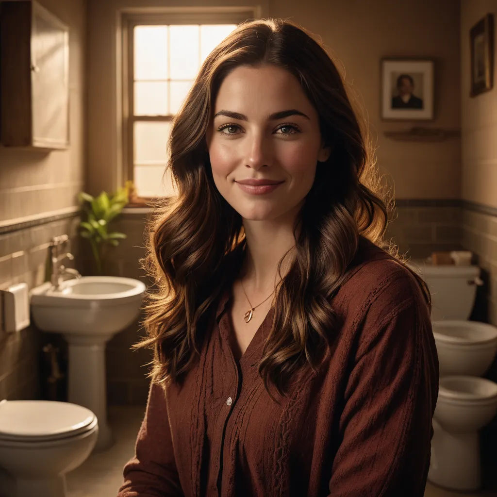 a woman standing in a bathroom next to a toilet and sink with a window behind her and a potted plant, visual art, a character portrait, Charlotte Harding, promotional image