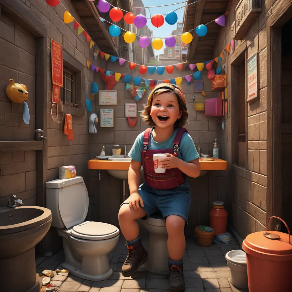 a child sitting on a toilet in a bathroom with a cup of coffee in front of it and a string of colorful balloons, photorealism, a 3D render, Chris LaBrooy, cgstudio