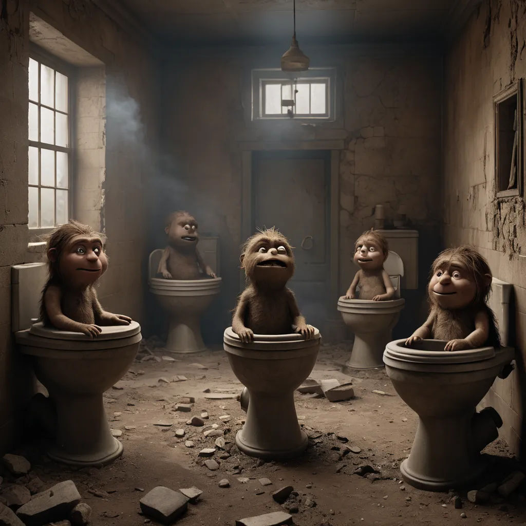 a group of monkeys sitting on top of toilets in a bathroom with a window and a door in the background, fantastic realism, a storybook illustration, Chris LaBrooy, claymation