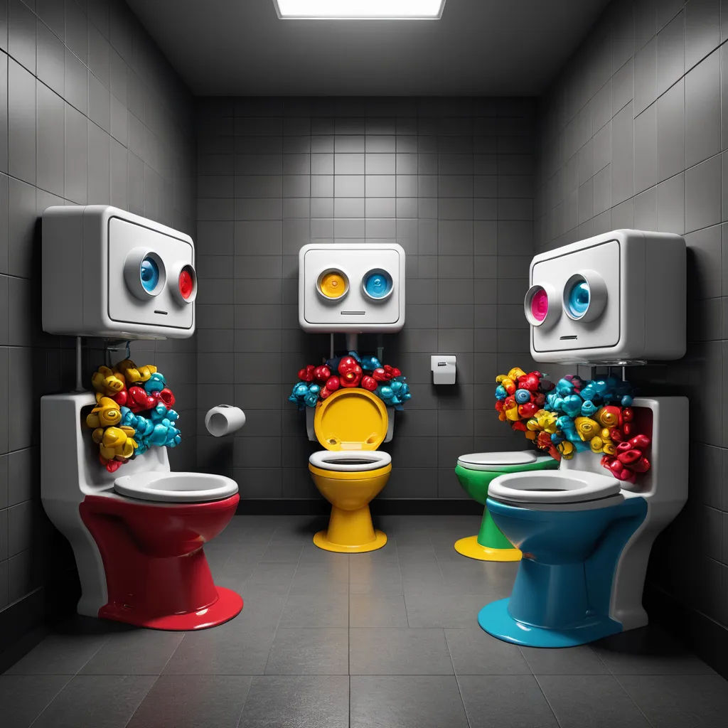 a bathroom with two toilets and a sink with a bunch of colorful decorations on the wall and a toilet seat, pop surrealism, a 3D render, Chris LaBrooy, unreal engine 5 highly rendered