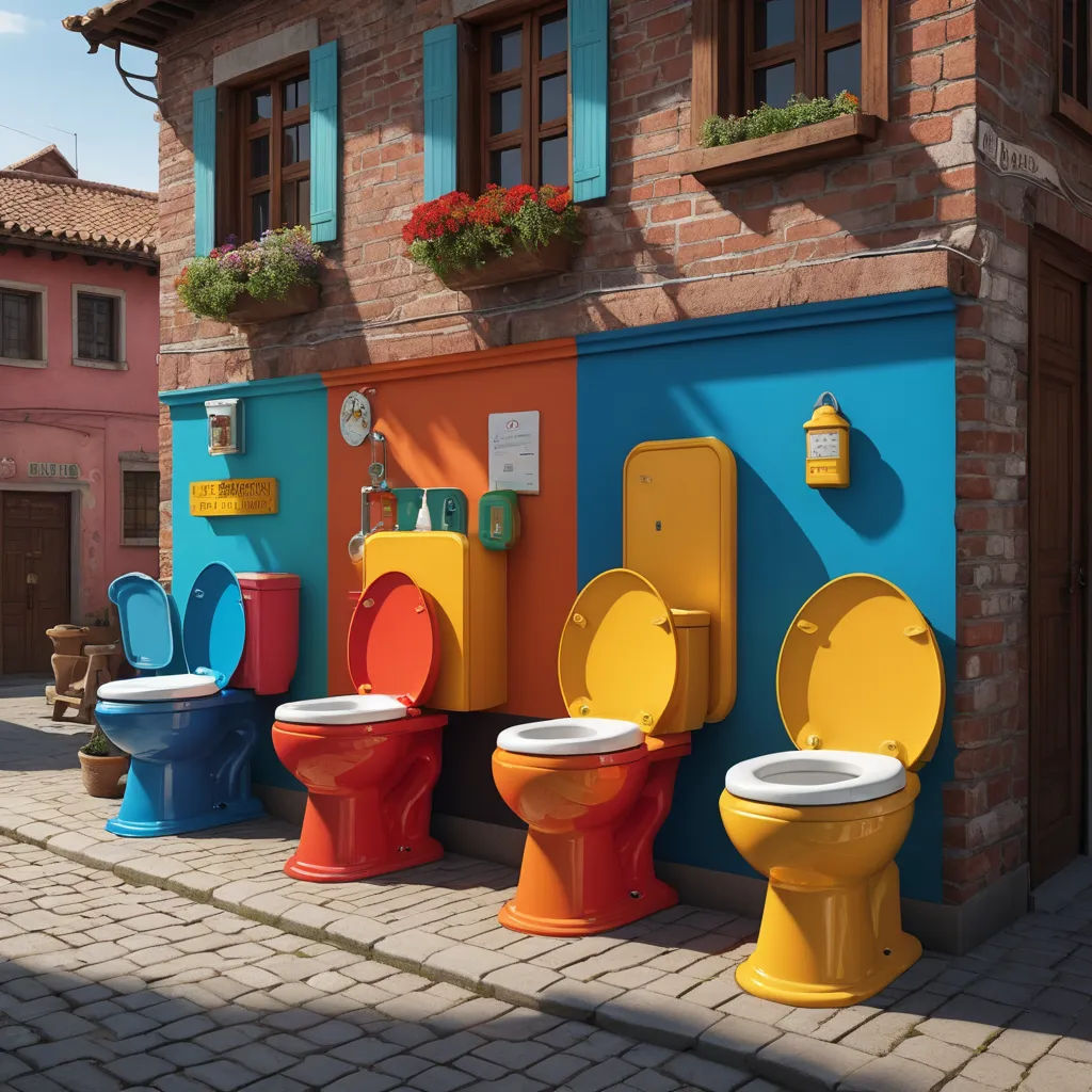 a row of brightly colored toilets sitting next to each other on a brick sidewalk in front of a building, folk art, a pop art painting, Chris LaBrooy, unreal engine highly rendered