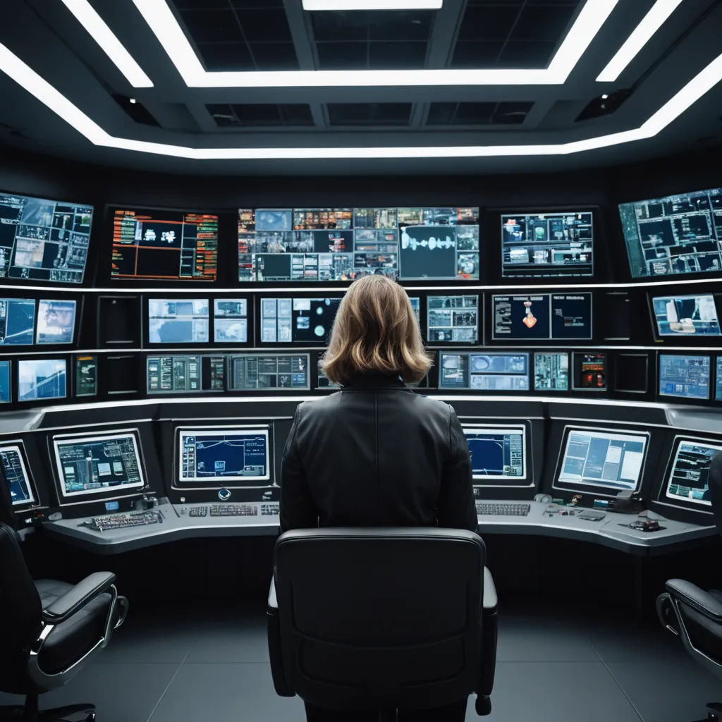 a woman sitting in front of a large control room filled with monitors and screens on the wall and ceiling, les automatistes, computer graphics, Artur Tarnowski, 8k resolution