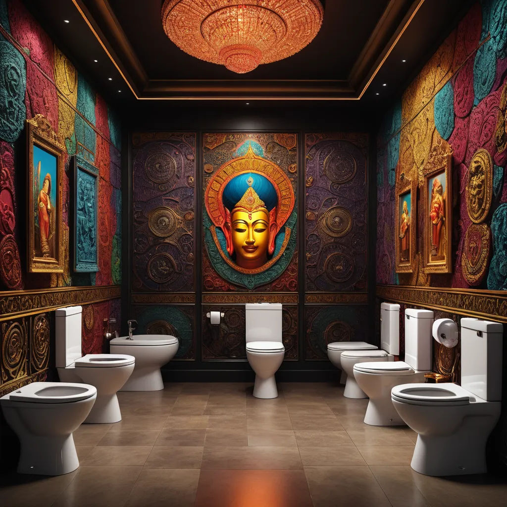 a bathroom with a lot of toilets and paintings on the wall and ceiling above them, and a chandelier above the toilet, transgressive art, a digital rendering, David LaChapelle, arthouse