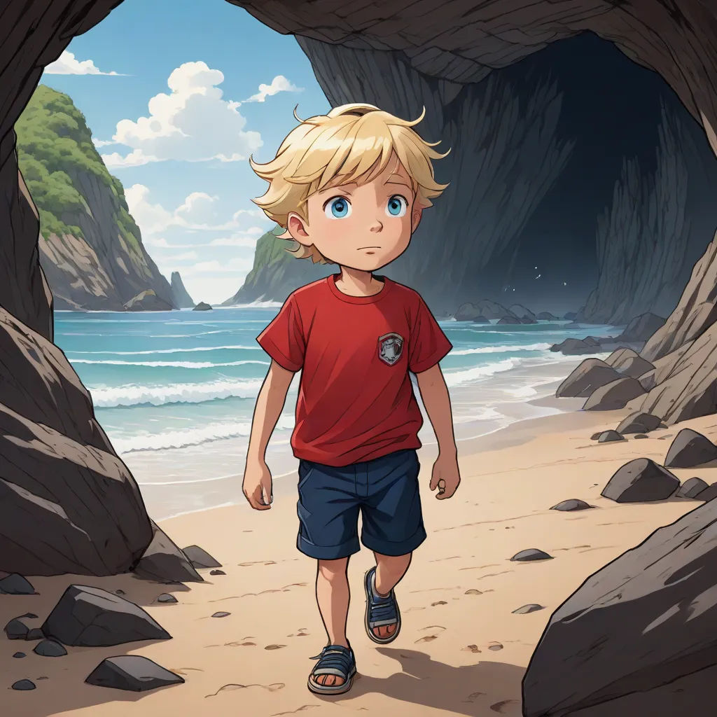 a boy walking on a beach near a cave with a view of the ocean and mountains in the background, rayonism, a storybook illustration, Cliff Childs, official art