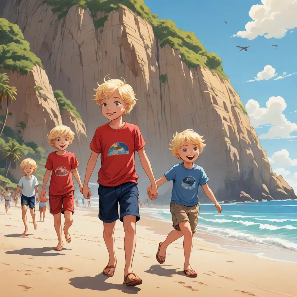 a group of children walking along a beach next to the ocean on a sunny day with a bird flying overhead, rayonism, a storybook illustration, Brothers Hildebrandt, cushart krenz