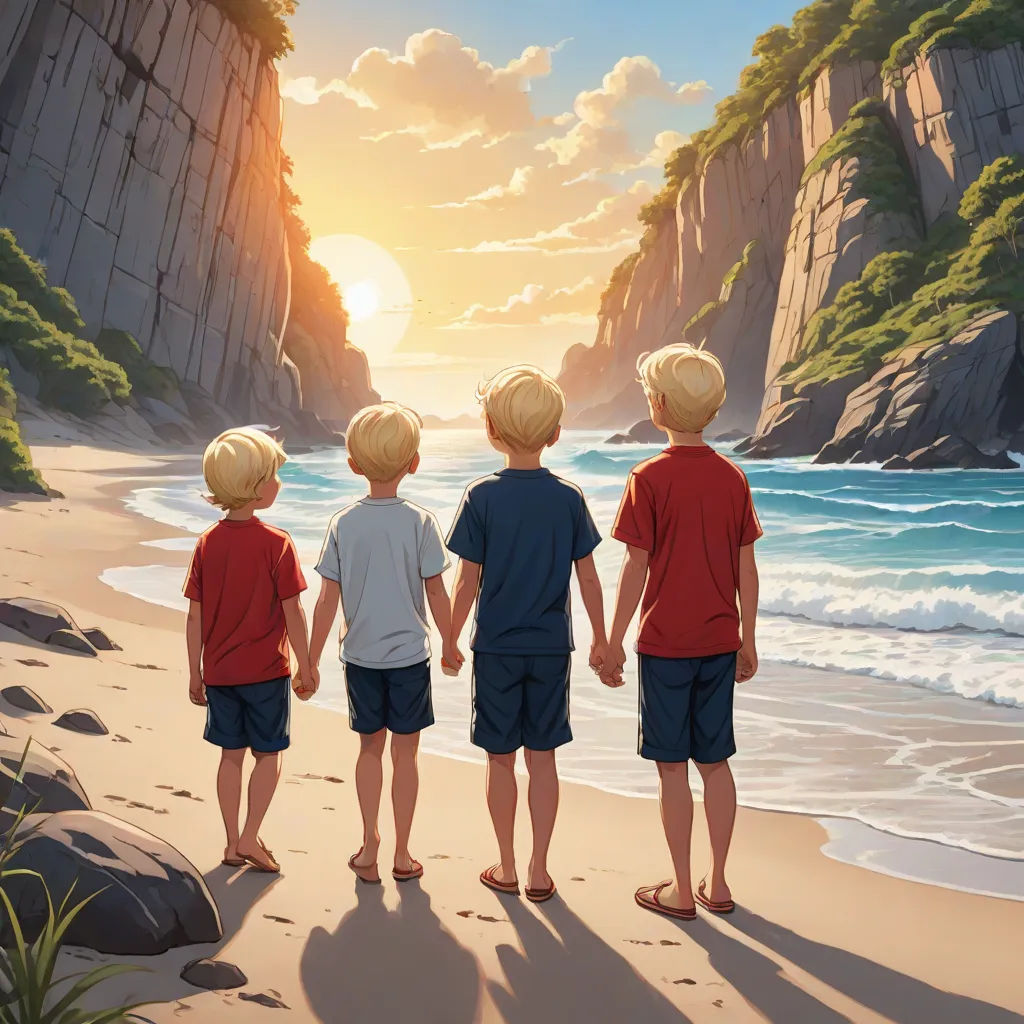 three children standing on a beach looking out at the ocean and cliffs in the distance with the sun shining, fantastic realism, a storybook illustration, Brothers Hildebrandt, official art