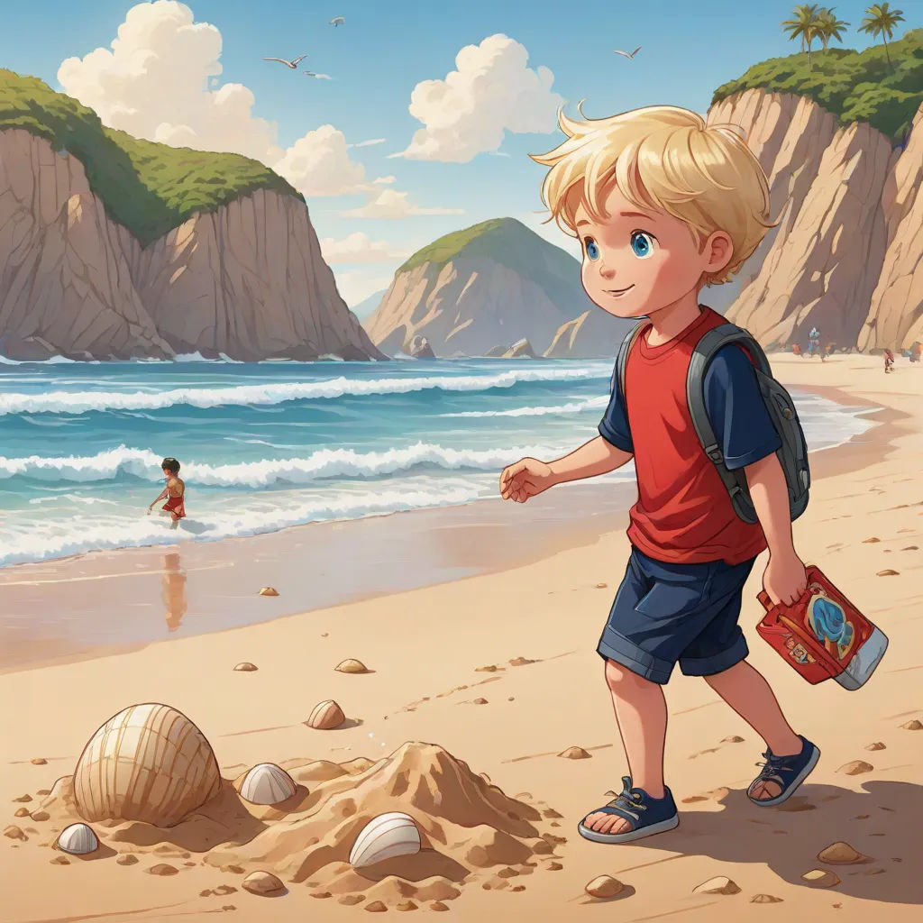 a boy walking on the beach with a book in his hand and a book in his other hand, with a boy in the background, fantasy art, a storybook illustration, Aaron Jasinski, rossdraws global illumination