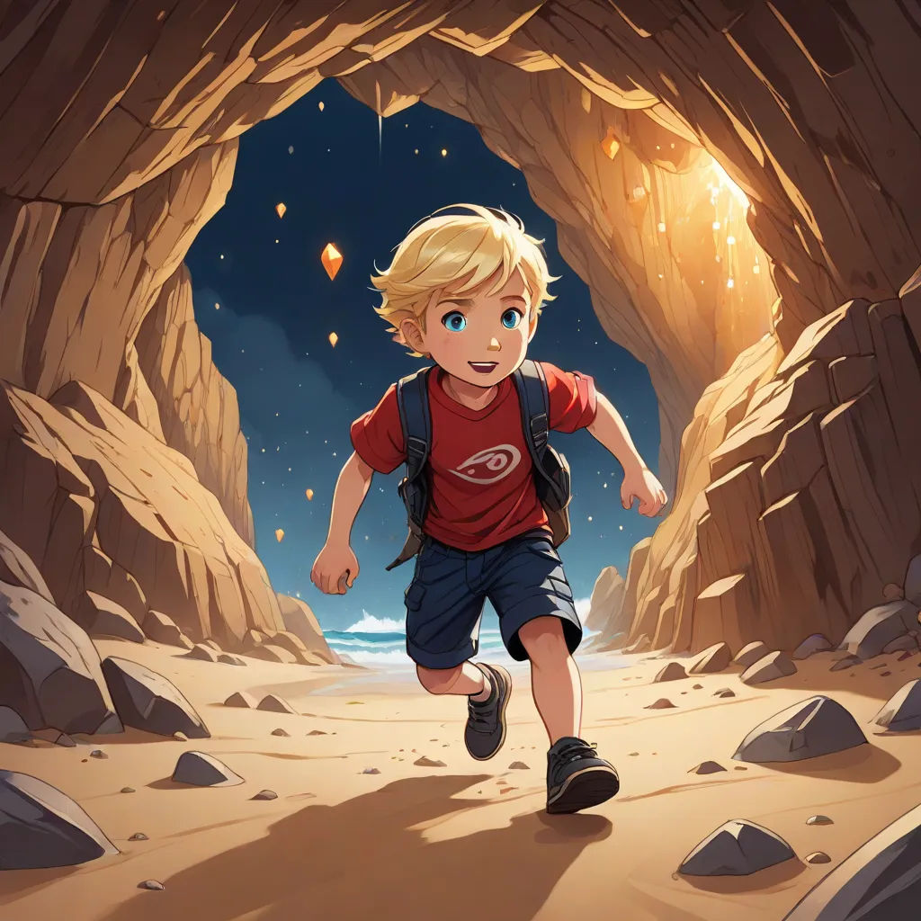 a boy running through a cave with a flashlight in his hand and a flashlight in his mouth, with a flashlight in his hand, fantasy art, a storybook illustration, Cyril Rolando, rossdraws global illumination