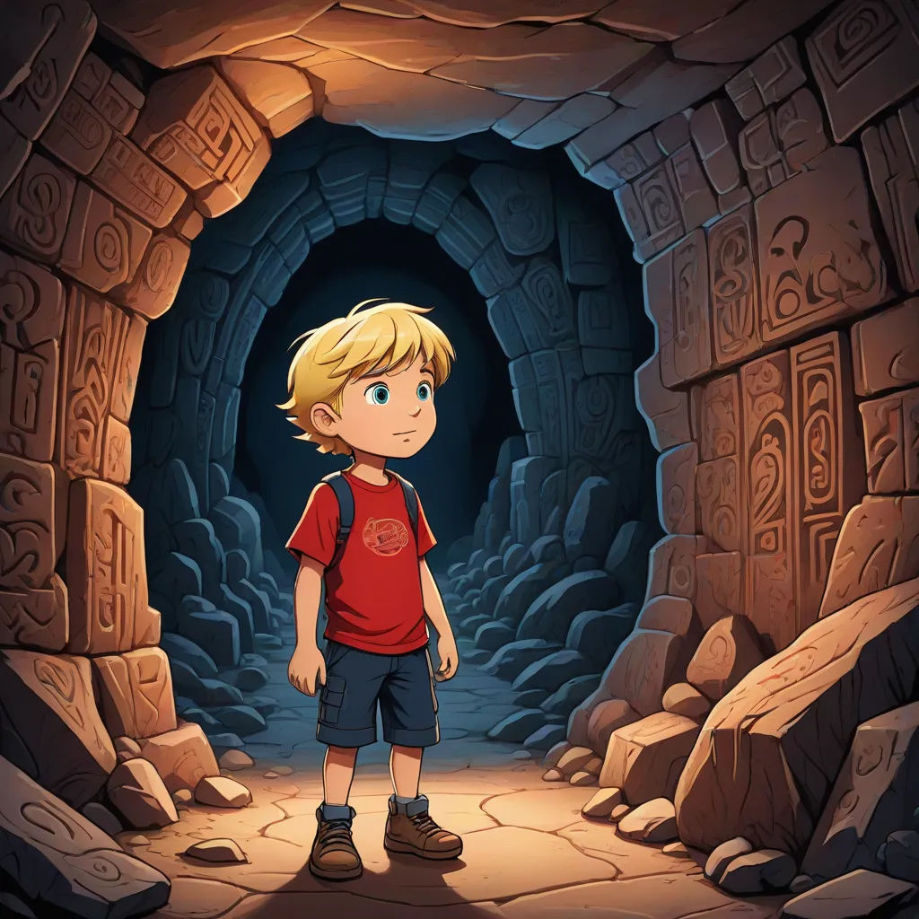 a boy standing in a cave with a red shirt on and a red shirt on and a red shirt on, visual art, a storybook illustration, Cliff Childs, rossdraws global illumination