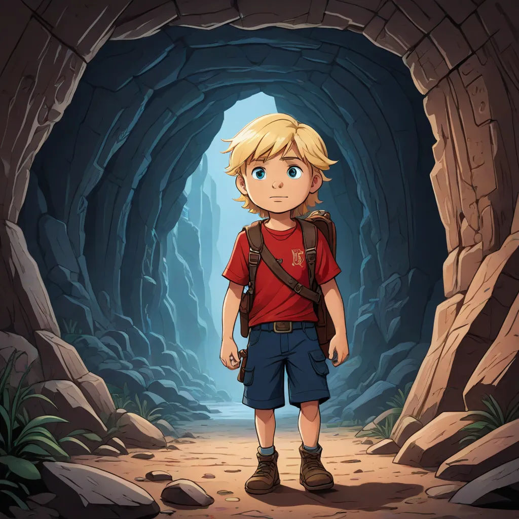 a boy standing in a cave with a backpack on his back and a backpack on his shoulder, looking at the camera, fantasy art, a storybook illustration, Cliff Childs, 2 d game art