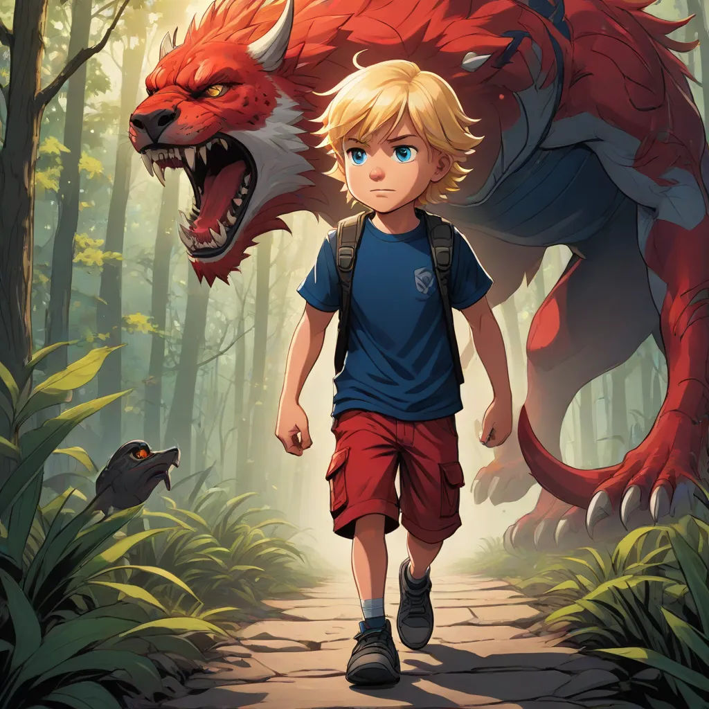 a boy walking down a path with a red dragon on his back and a bird on his shoulder behind him, furry art, a storybook illustration, Aaron Jasinski, comic cover art