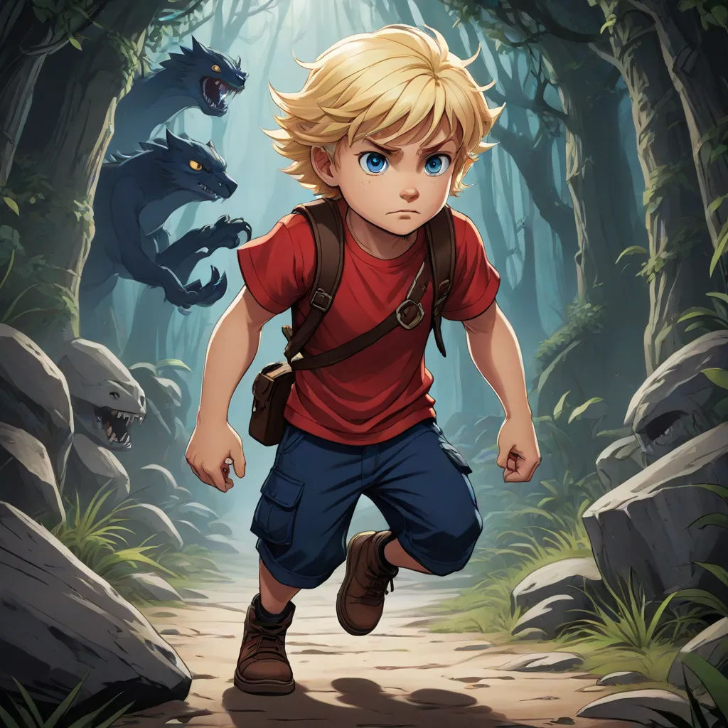 a boy with a backpack is running through a forest with a dragon in the background and a wolf in the foreground, sots art, a character portrait, Cedric Seaut (Keos Masons), 2 d game art