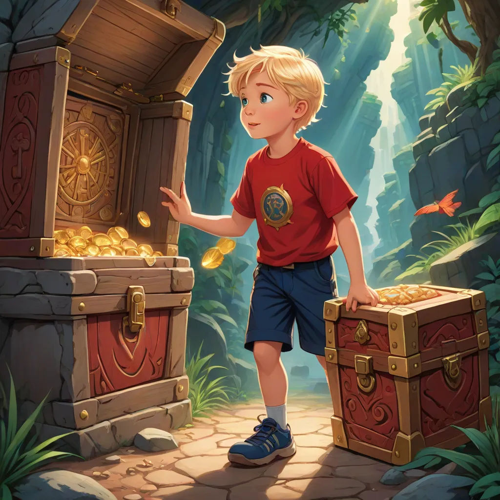 a boy standing in front of a chest of gold in a forest with a fish in it and a fish in it, fantasy art, a storybook illustration, Aaron Jasinski, rossdraws global illumination