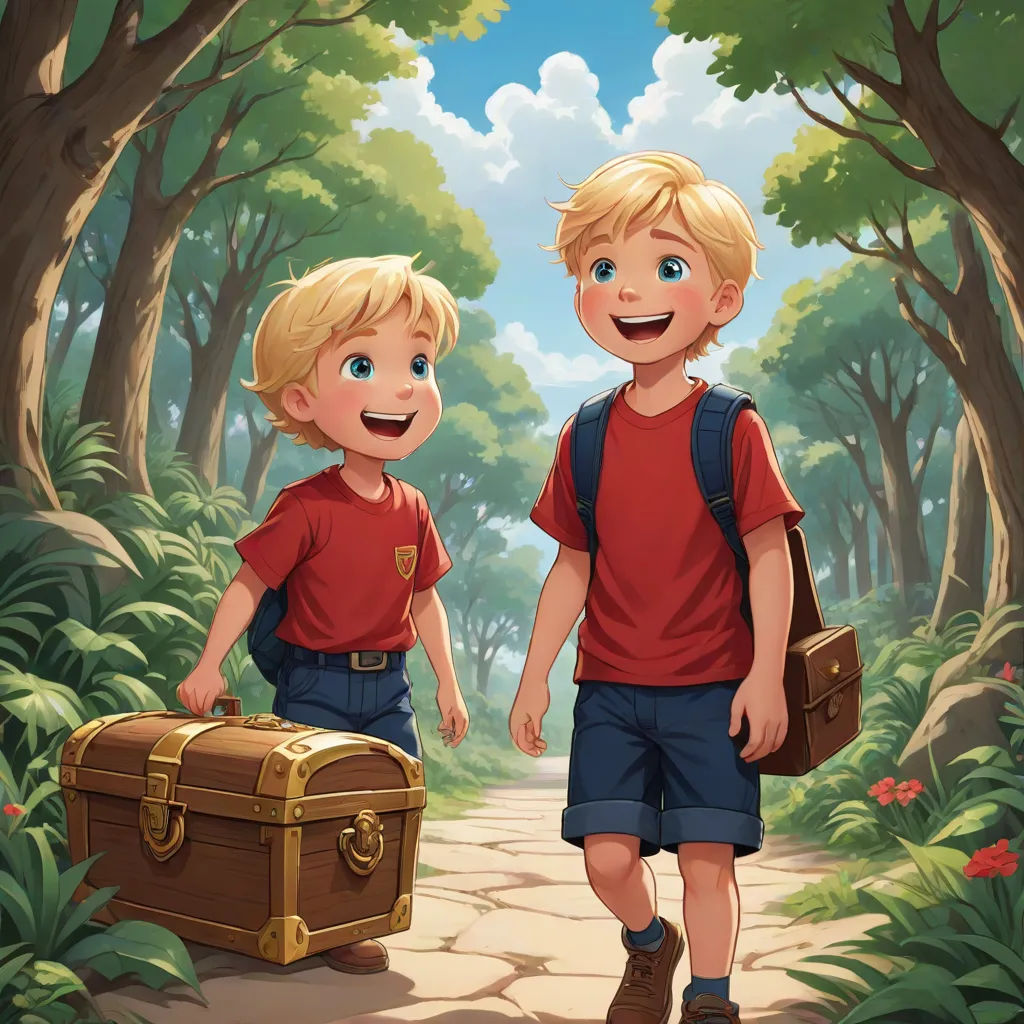 two boys walking in the woods with a suitcase and a backpack on a path to a forest with trees, sots art, a storybook illustration, Brothers Hildebrandt, rossdraws global illumination