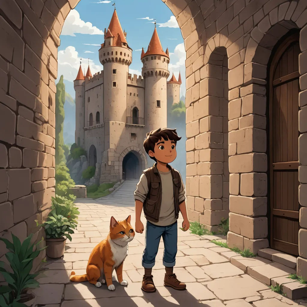 a boy and a cat standing in front of a castle entrance with a castle in the background and a dog sitting on the ground, sots art, a storybook illustration, Diego Gisbert Llorens, storybook illustration