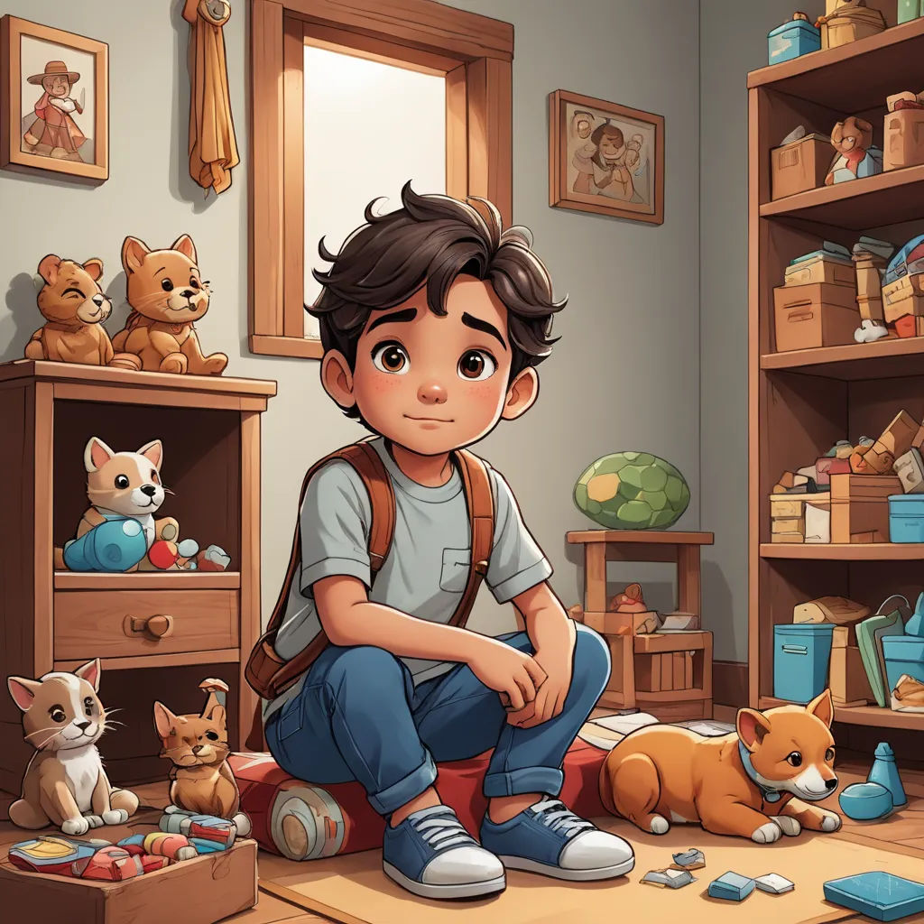 a boy sitting on the floor with his toys in a room with a bookcase and a cat on the floor, process art, a storybook illustration, Diego Gisbert Llorens, rossdraws global illumination