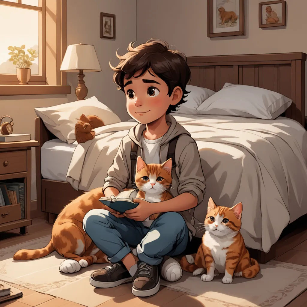 a boy sitting on the floor with two cats in front of him and a teddy bear on the bed, furry art, a storybook illustration, Diego Gisbert Llorens, storybook illustration