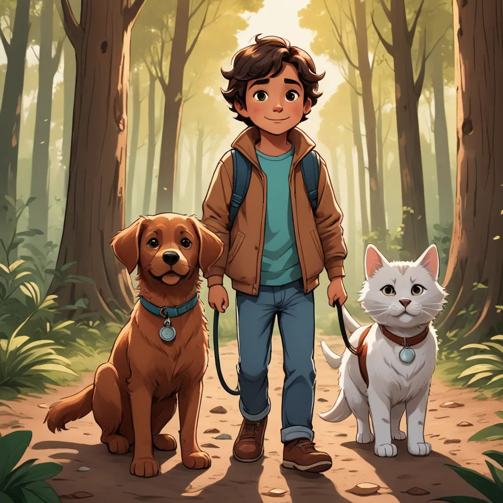 a boy and his dog are walking in the woods together, with a cat and dog on a leash, furry art, a storybook illustration, Diego Gisbert Llorens, rossdraws global illumination