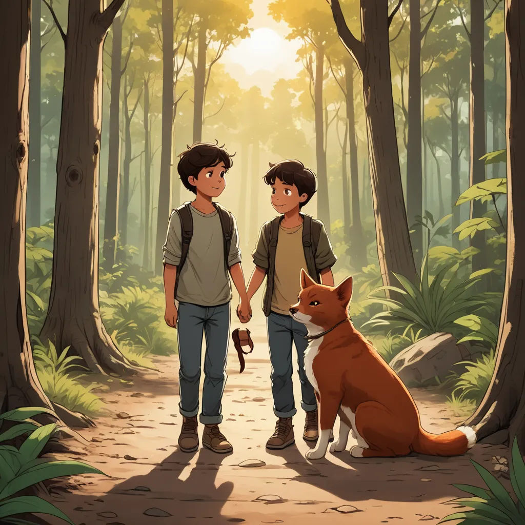 two boys are walking in the woods with a dog and a stick in hand, and a dog is sitting on the ground, sots art, a storybook illustration, Diego Gisbert Llorens, official art
