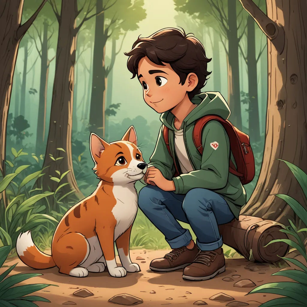 a boy sitting next to a dog in a forest with a forest background and a forest scene with a forest scene, sots art, concept art, Diego Gisbert Llorens, key art