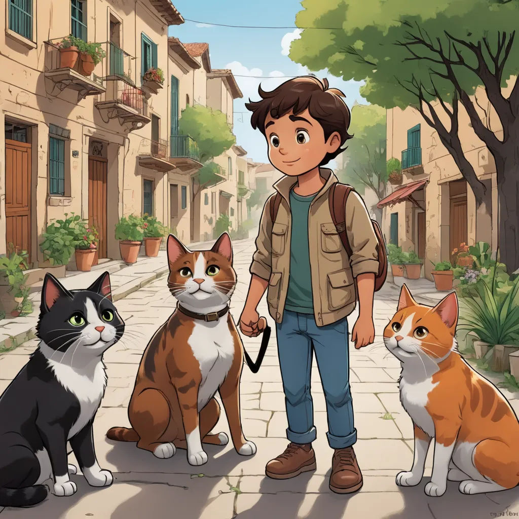 a boy standing next to three cats on a sidewalk in front of a tree and buildings with a dog, lyco art, a storybook illustration, Diego Gisbert Llorens, official art