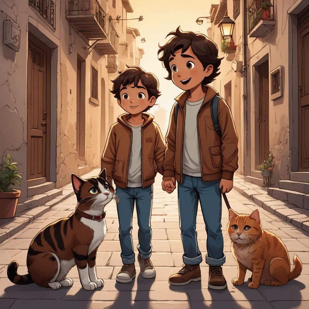 a boy and a boy standing next to a cat and a cat sitting on a sidewalk in front of a building, furry art, a storybook illustration, Diego Gisbert Llorens, official art