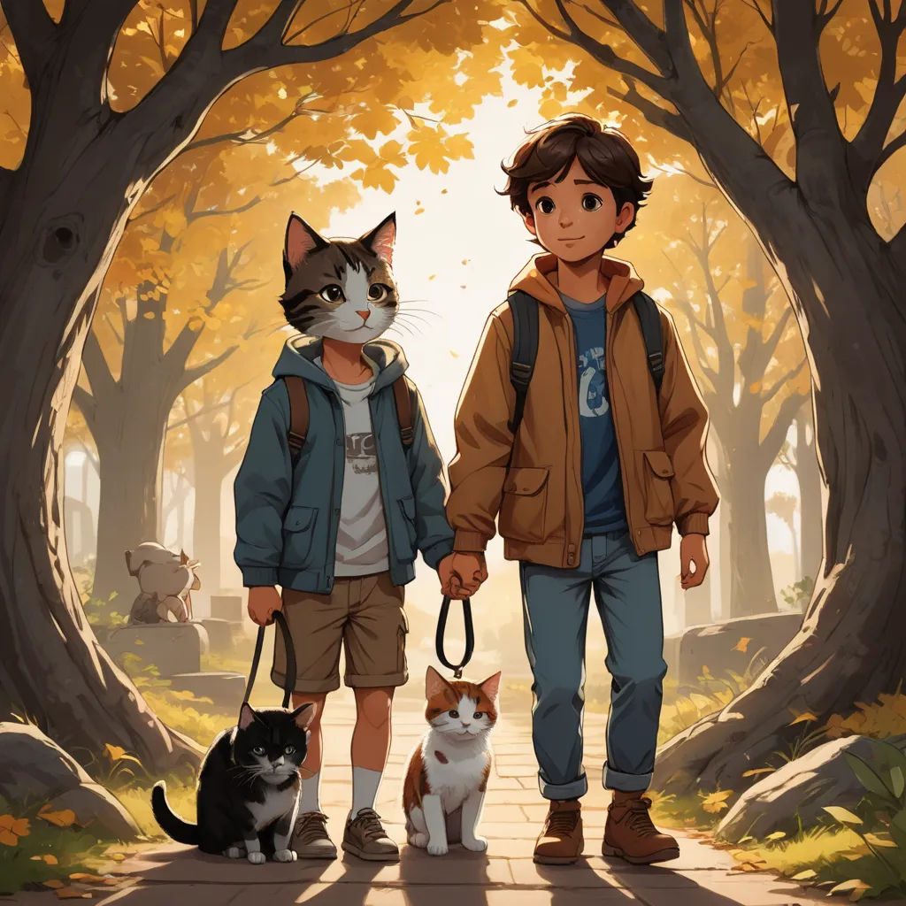 a boy and a cat are standing in a park with trees and leaves on the ground and a man is holding a leash, furry art, a storybook illustration, Aaron Jasinski, official art