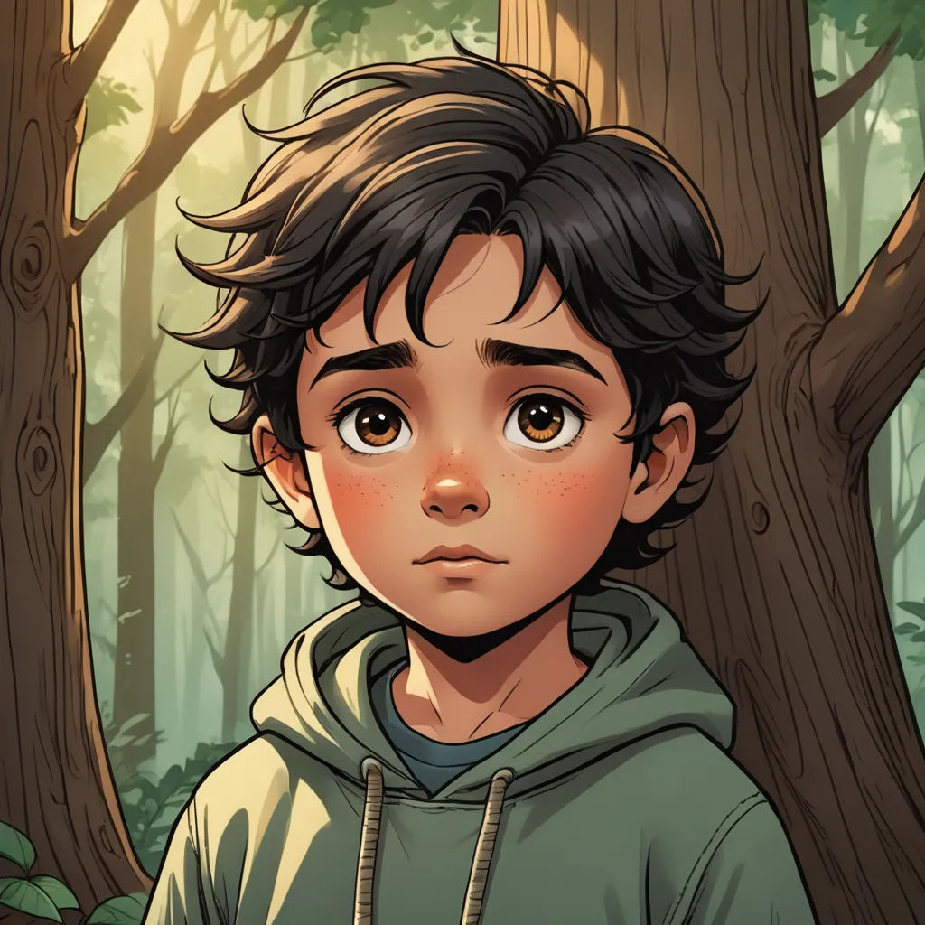 a boy in a hoodie standing in a forest with trees and leaves behind him, looking at the camera, sots art, a character portrait, Everett Warner, yukito kishiro