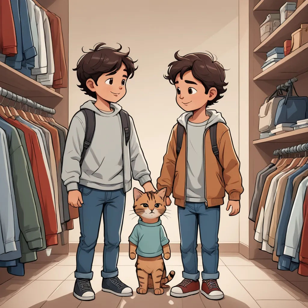 a boy and a girl are standing in a closet with a cat and a cat toy in front of them, furry art, a storybook illustration, Adam Manyoki, cute and funny