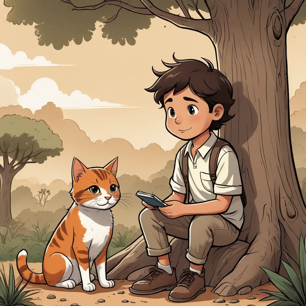a boy sitting next to a cat in a forest with a cell phone in his hand and a tree in the background, serial art, a storybook illustration, Diego Gisbert Llorens, storybook illustration