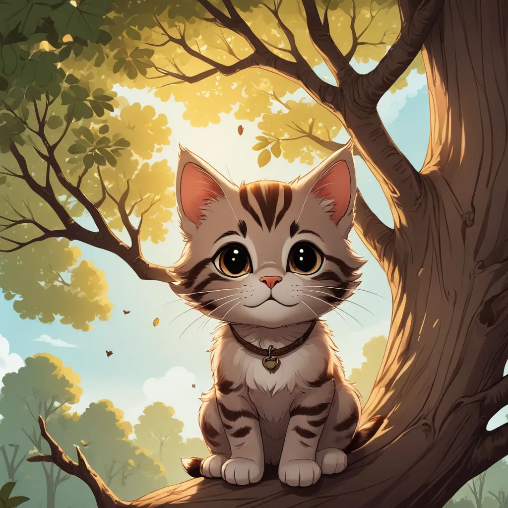 a cat sitting on a tree branch in a forest with leaves and a sky background with clouds and sun, sots art, a storybook illustration, Chris Rallis, trending on art station