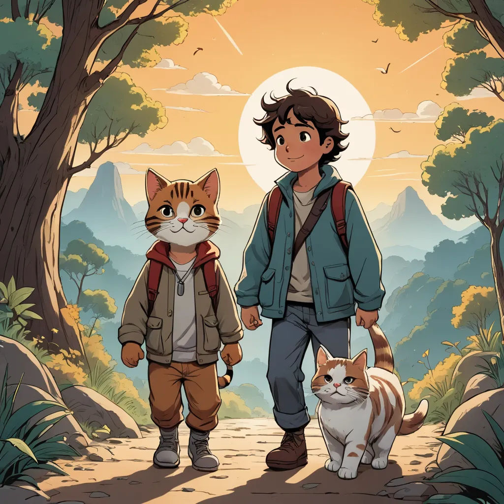 a boy and a cat walking in the woods together, with a sunset in the background and a man holding a backpack, furry art, a storybook illustration, Diego Gisbert Llorens, comic cover art