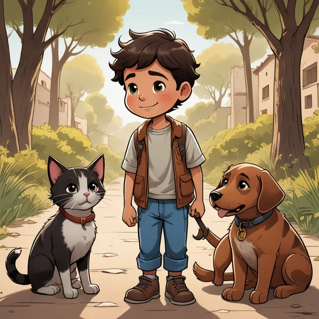 a boy standing next to two dogs and a cat on a leash in a park with trees and buildings, sots art, a storybook illustration, Diego Gisbert Llorens, key art