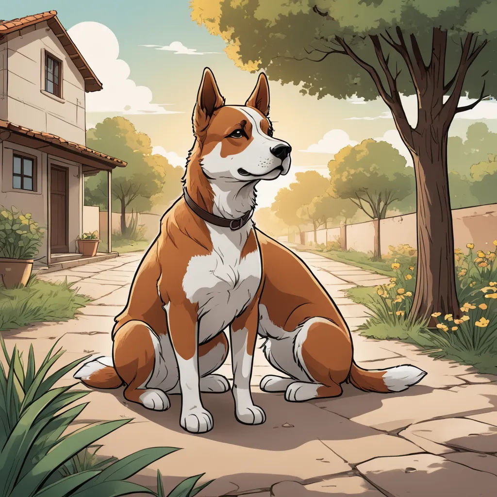 a dog sitting on a sidewalk in front of a house and trees with a house in the background and a tree in the foreground, furry art, a comic book panel, Cyril Rolando, official art
