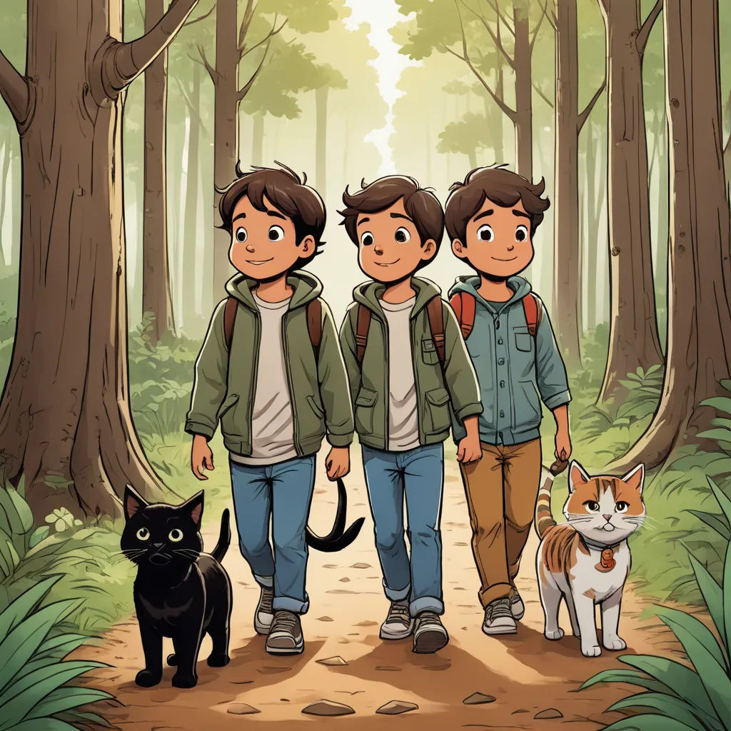 three boys walking in the woods with a cat and a cat on a leash behind them, and a cat on the ground, sots art, a comic book panel, Felix-Kelly, comic cover art