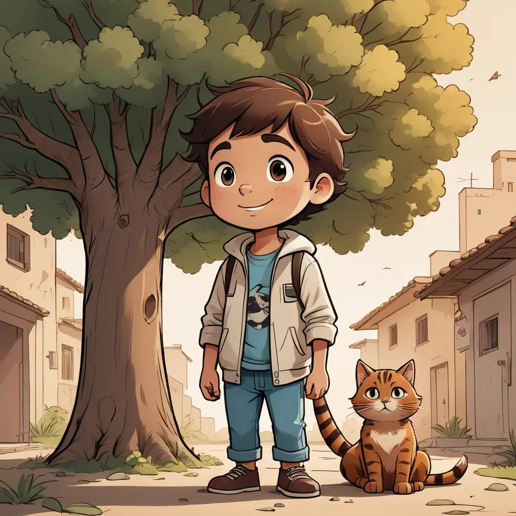 a boy standing next to a cat under a tree in a village with a house in the background and a tree in the foreground, furry art, a storybook illustration, Diego Gisbert Llorens, storybook illustration